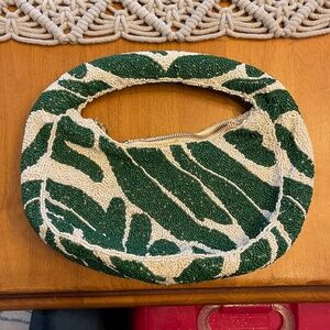 Anthropologie Tate Green and White Beaded Handbag